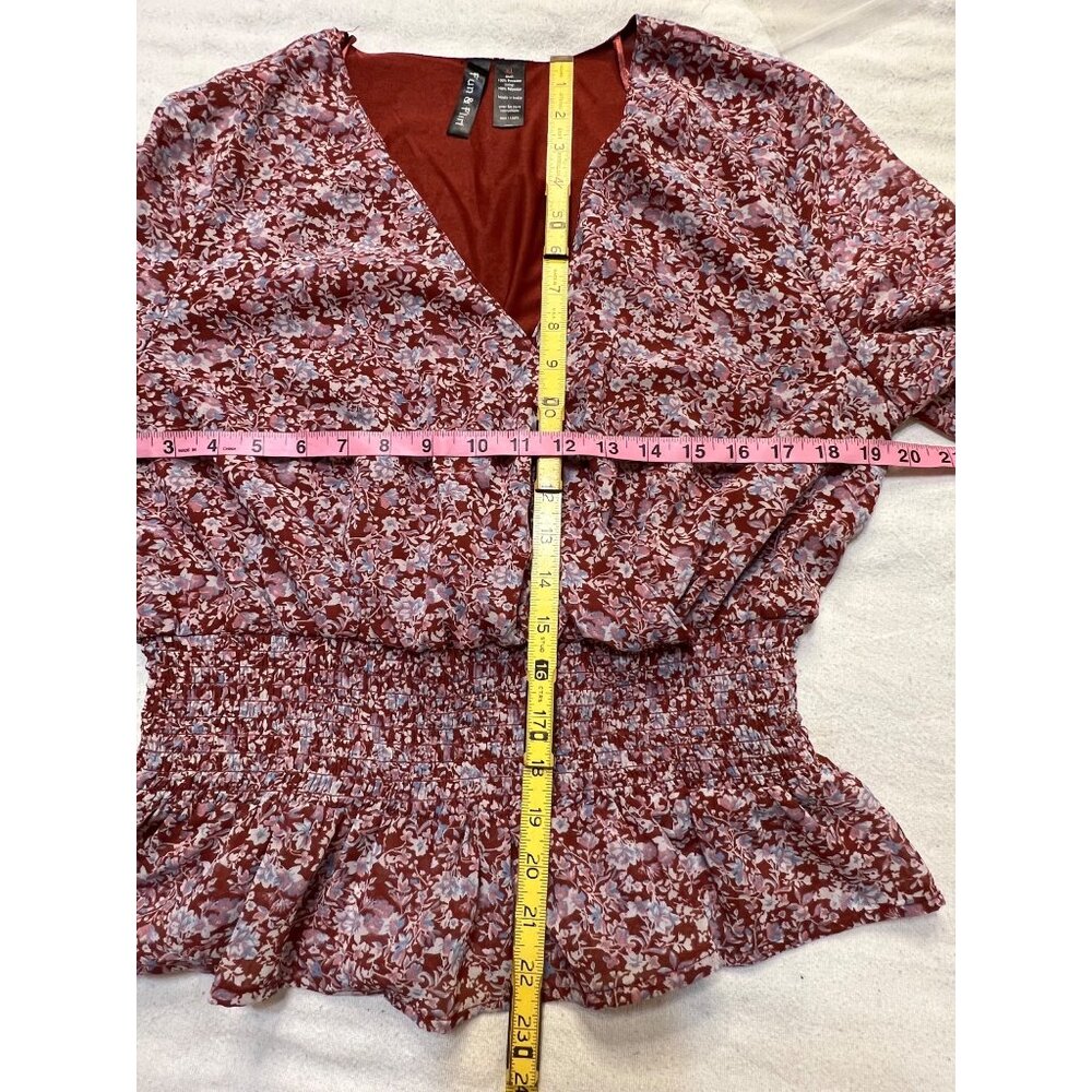 Fun & Flirt Floral Smocked Peplum Blouse XL V-Neck Long Sleeve Red & White - Picture 9 of 16